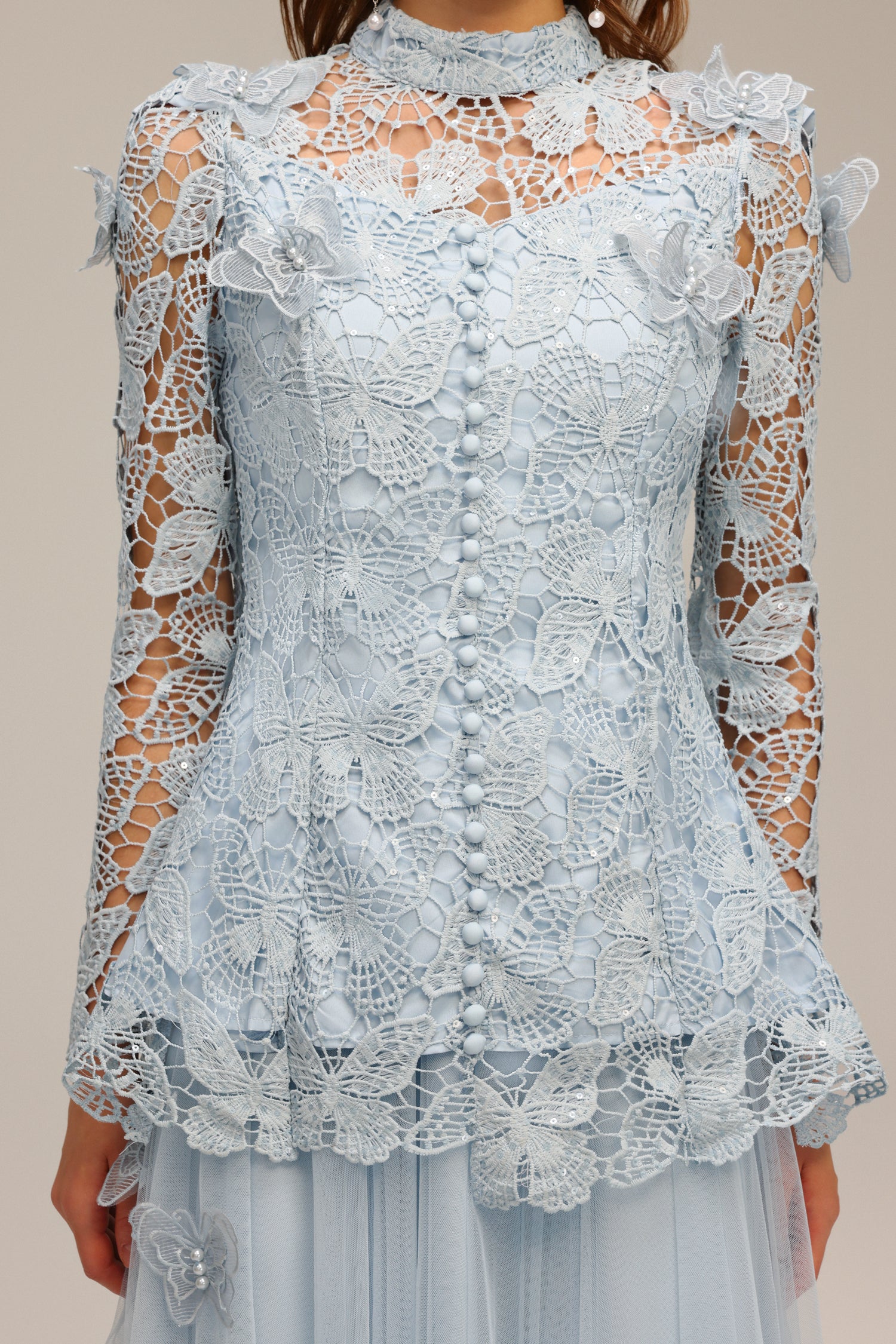YVETTE BLUE LACE TWO-PIECE SET | LONG SLEEVE BUTTERFLY TOP & SKIRT