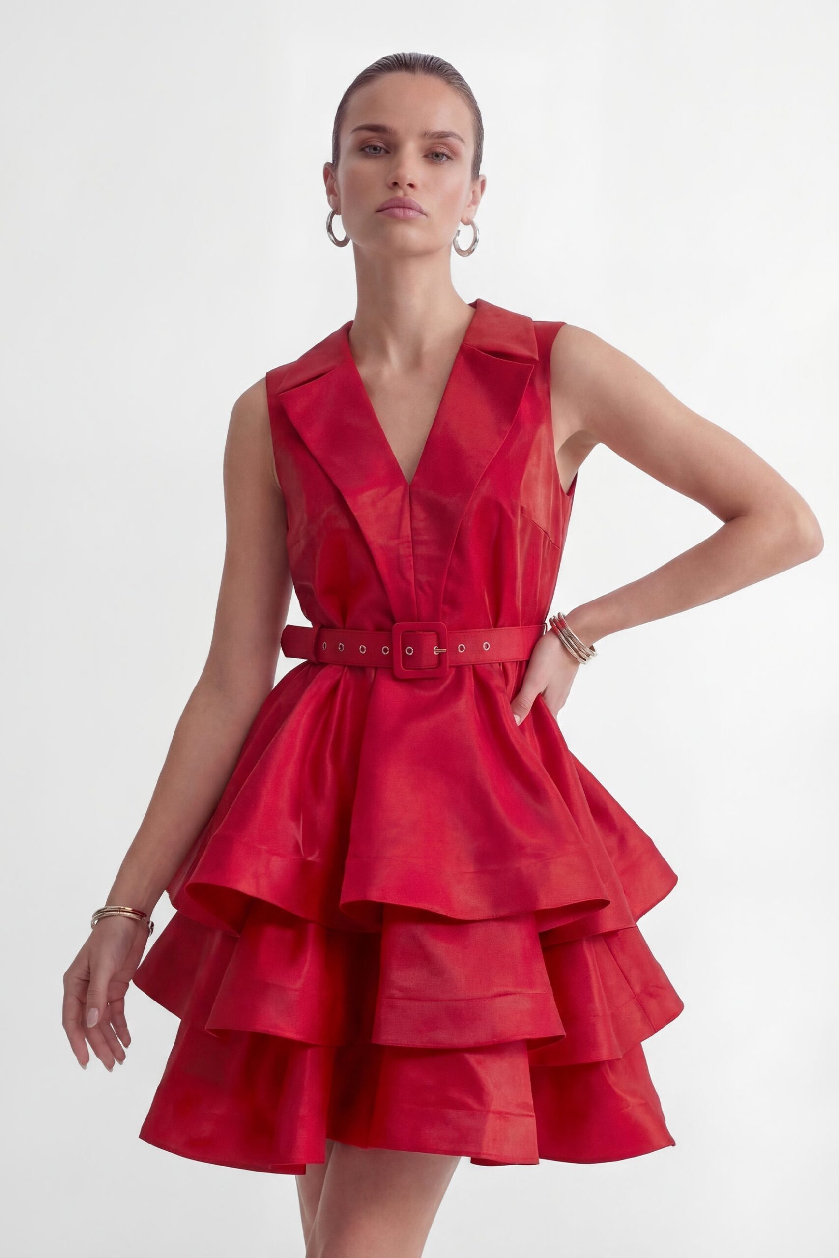 JESSICA RED V-NECK RUFFLE MINI DRESS