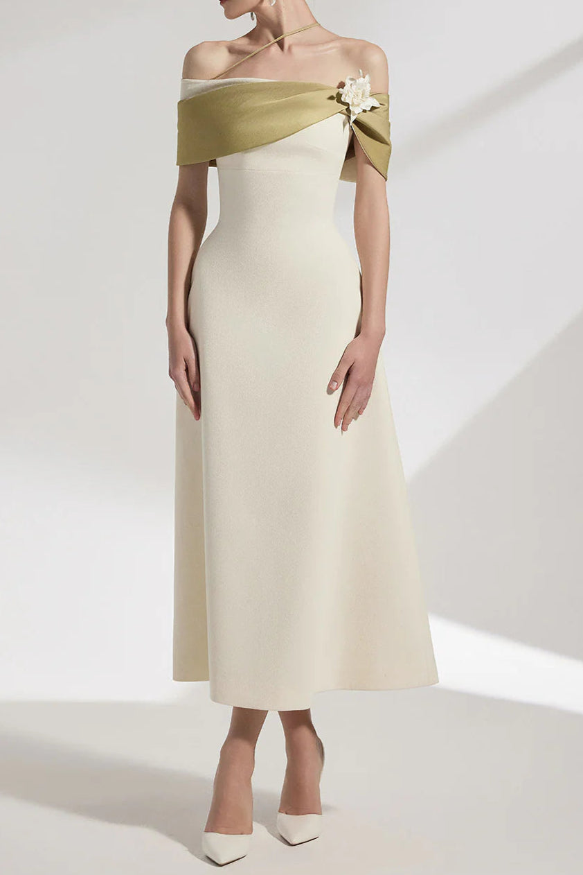 A-LINE OFF-SHOULDER BEIGE MIDI DRESS FOR WEDDING
