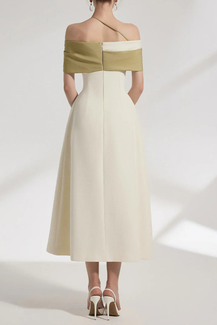 A-LINE OFF-SHOULDER BEIGE MIDI DRESS FOR WEDDING