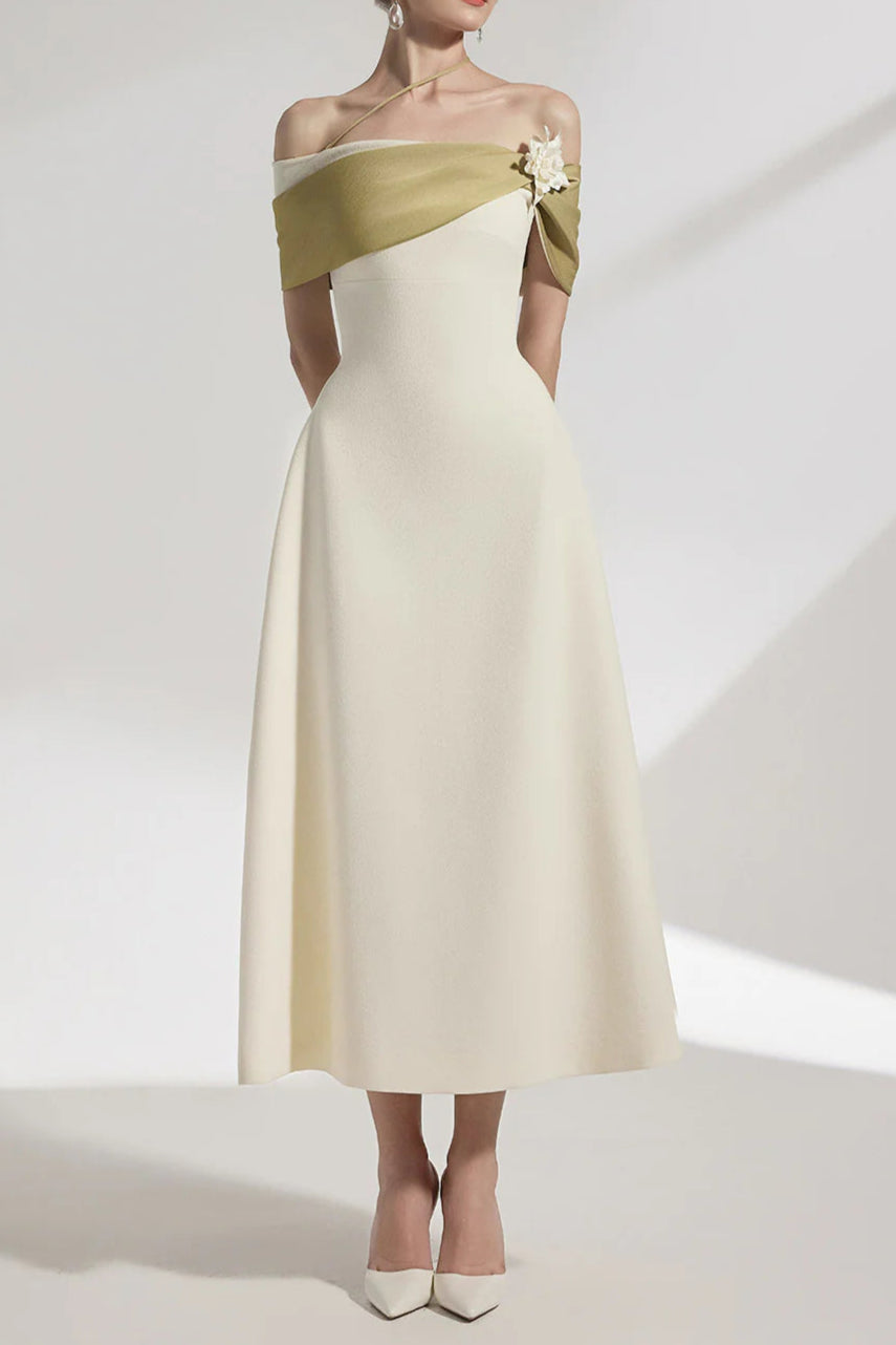 A-LINE OFF-SHOULDER BEIGE MIDI DRESS FOR WEDDING