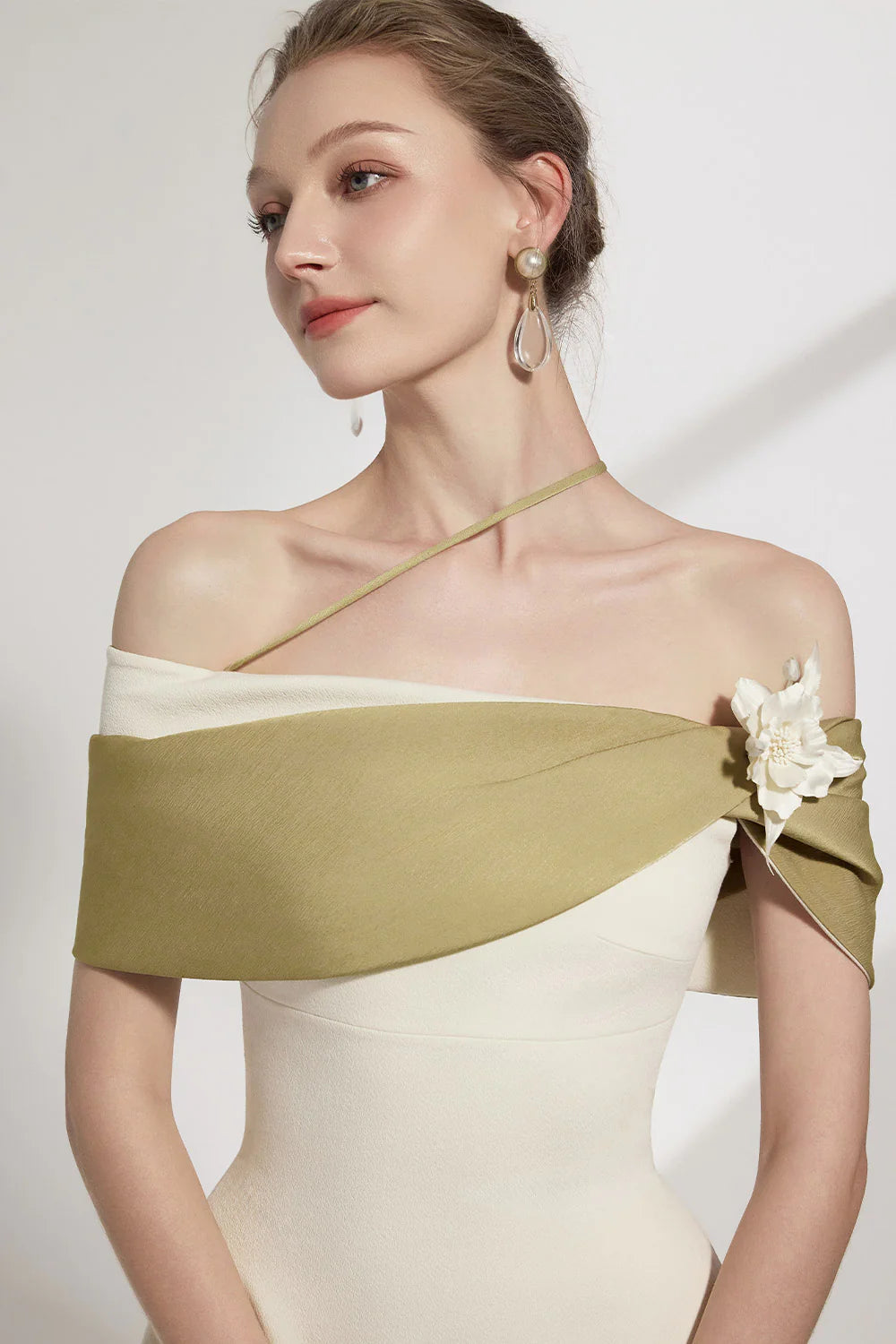 A-LINE OFF-SHOULDER BEIGE MIDI DRESS FOR WEDDING