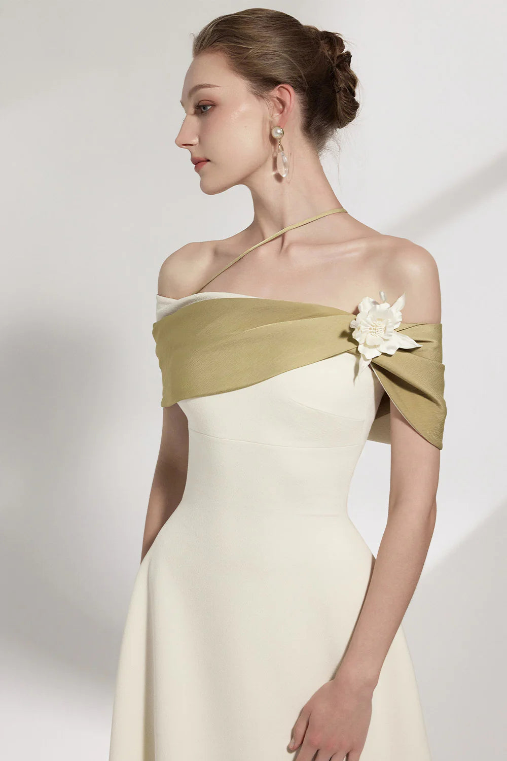 A-LINE OFF-SHOULDER BEIGE MIDI DRESS FOR WEDDING