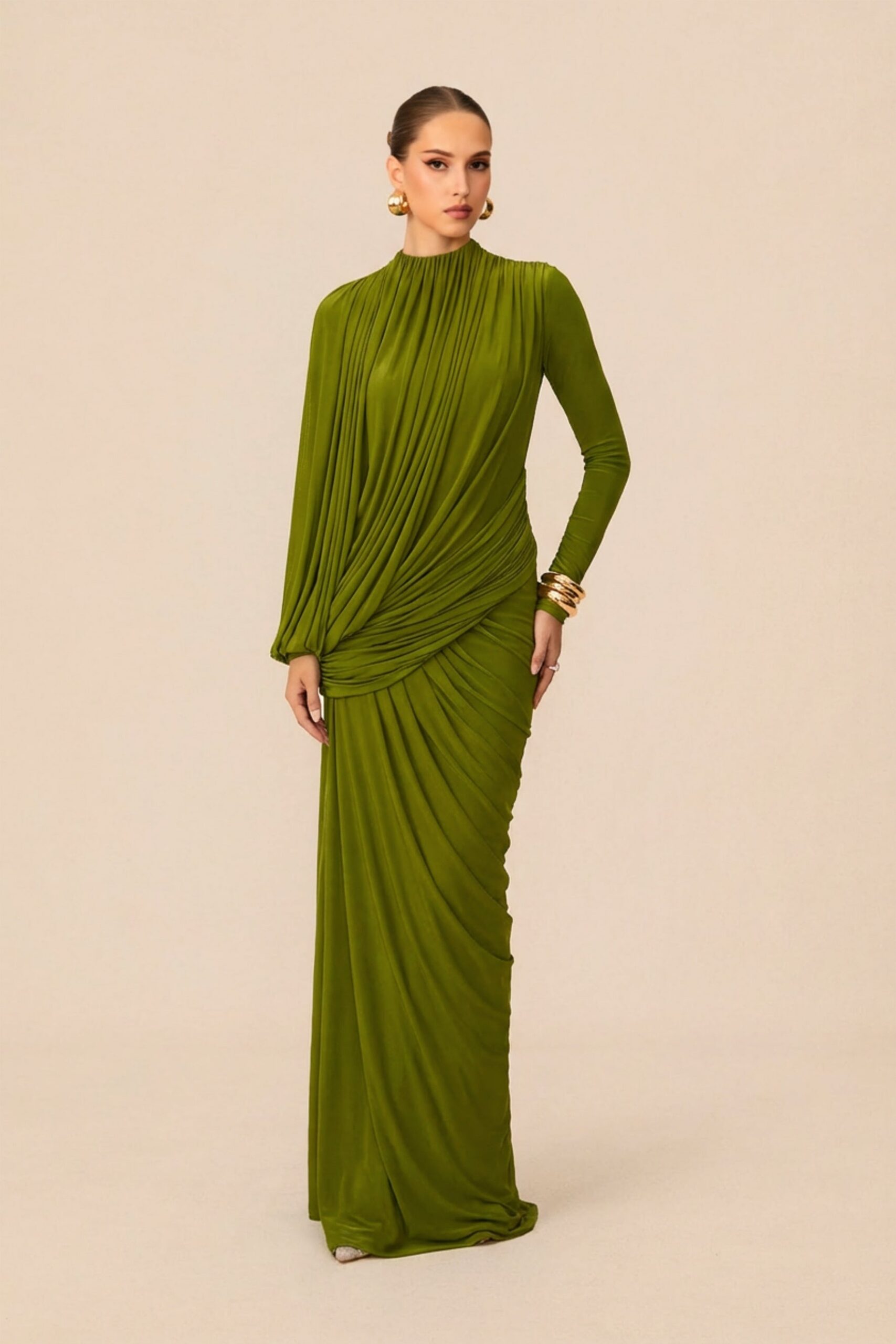 LIZ HIGH NECK ASYMMETRIC DRAPE MAXI DRESS IN GREEN