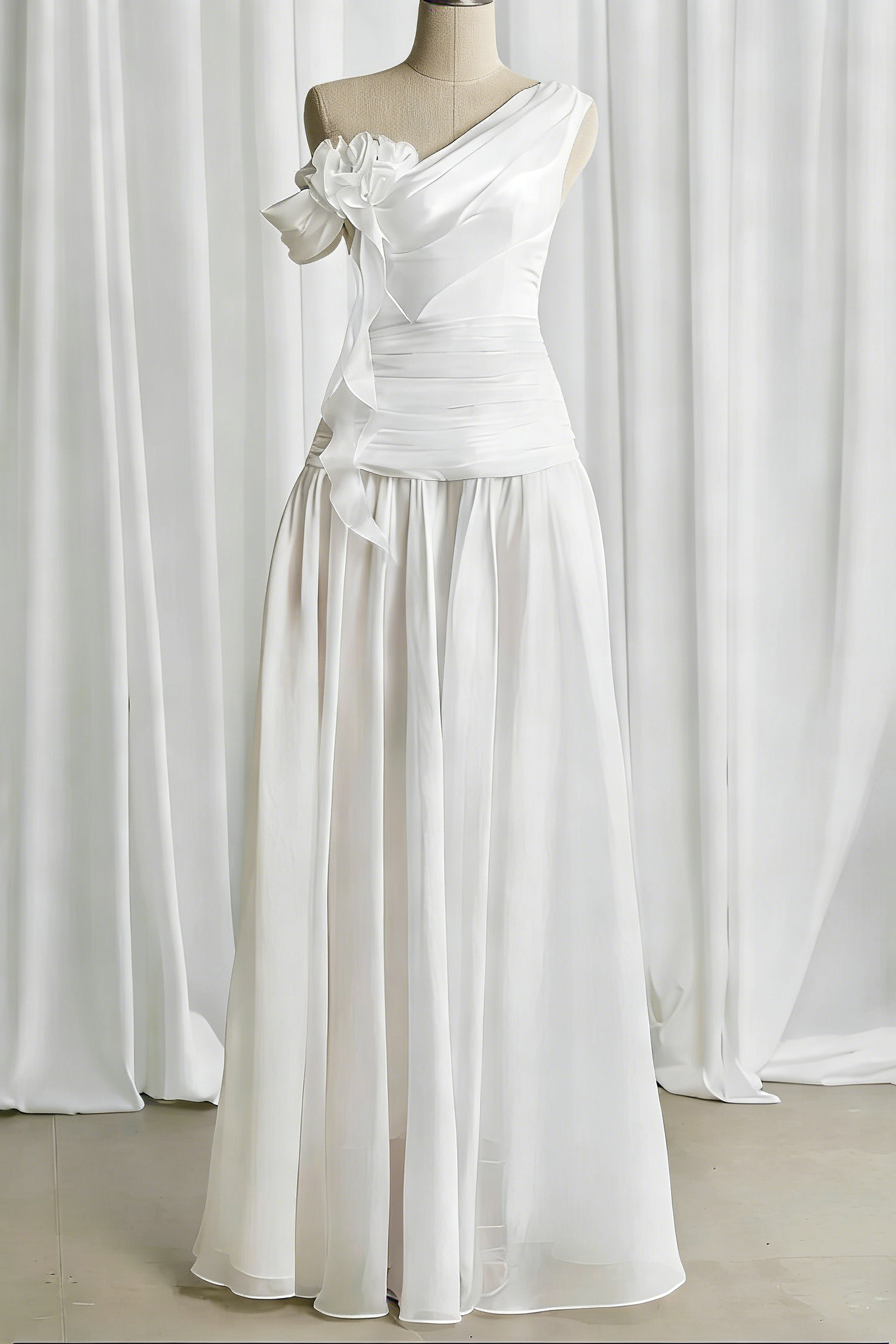 ONE-SHOULDER 3D FLOWER RUCHED MAXI DRESS