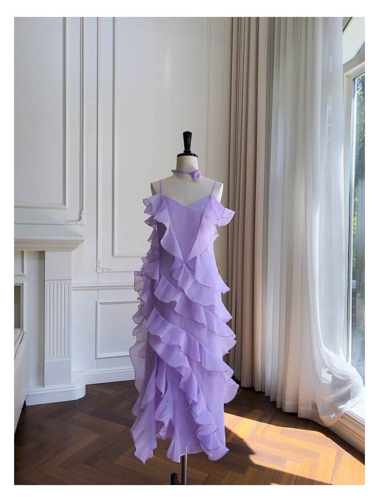 LAVENDER ASYMMETRIC RUFFLE MIDI DRESS FOR WEDDING GUEST