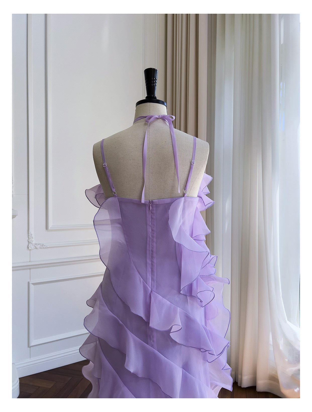 LAVENDER ASYMMETRIC RUFFLE MIDI DRESS FOR WEDDING GUEST