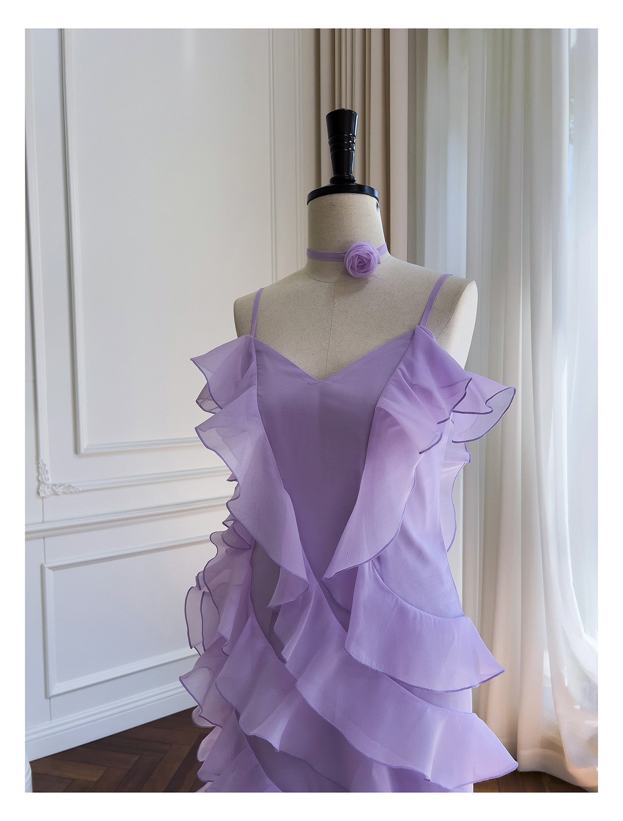 LAVENDER ASYMMETRIC RUFFLE MIDI DRESS FOR WEDDING GUEST