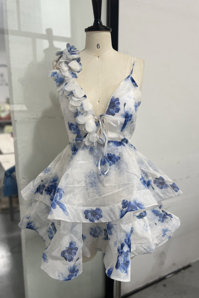 HELEN 3D FLOWER CHIFFON RUFFLE MINI DRESS BLUE