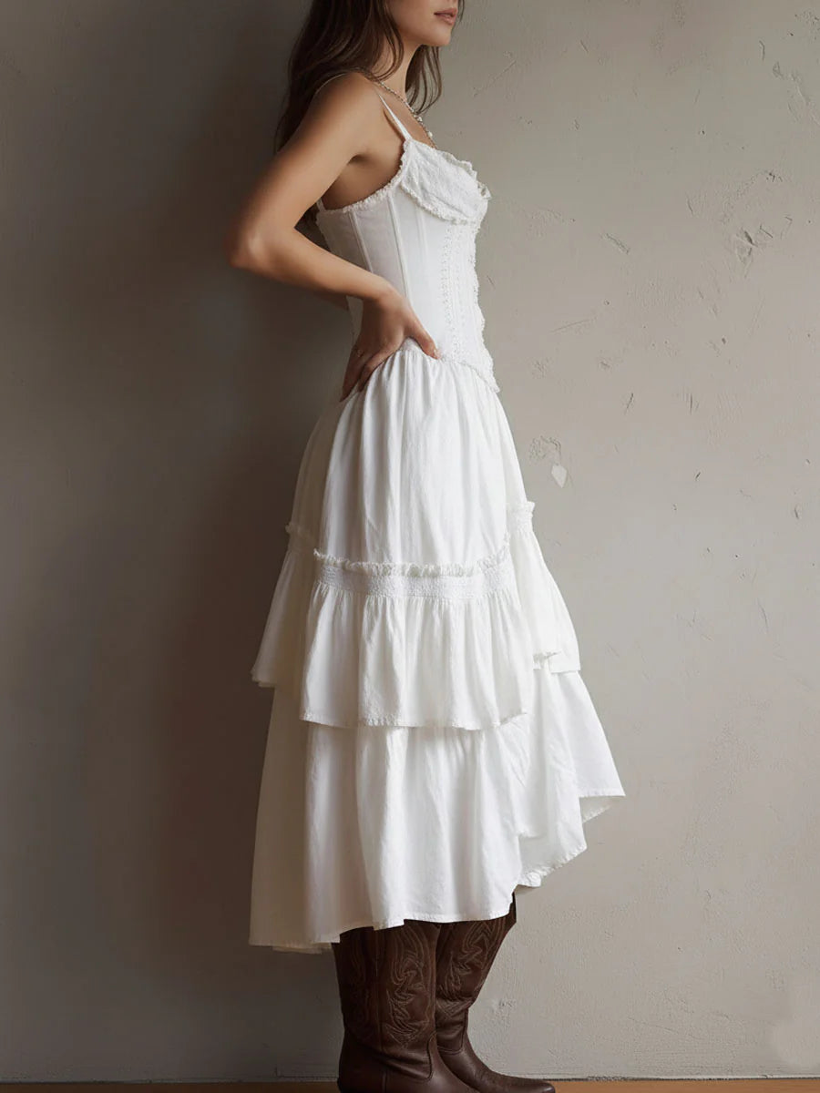 CORSET LACE TIERED MIDI DRESS, ROMANTIC PARTY