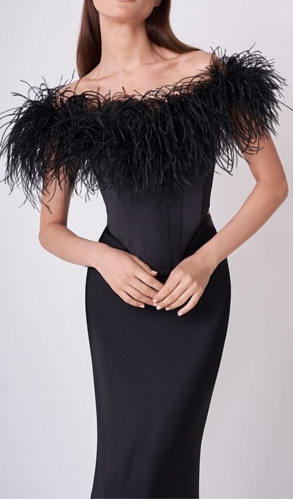 FEATHER OFF-SHOULDER MERMAID MAXI DRESS IN BLACK
