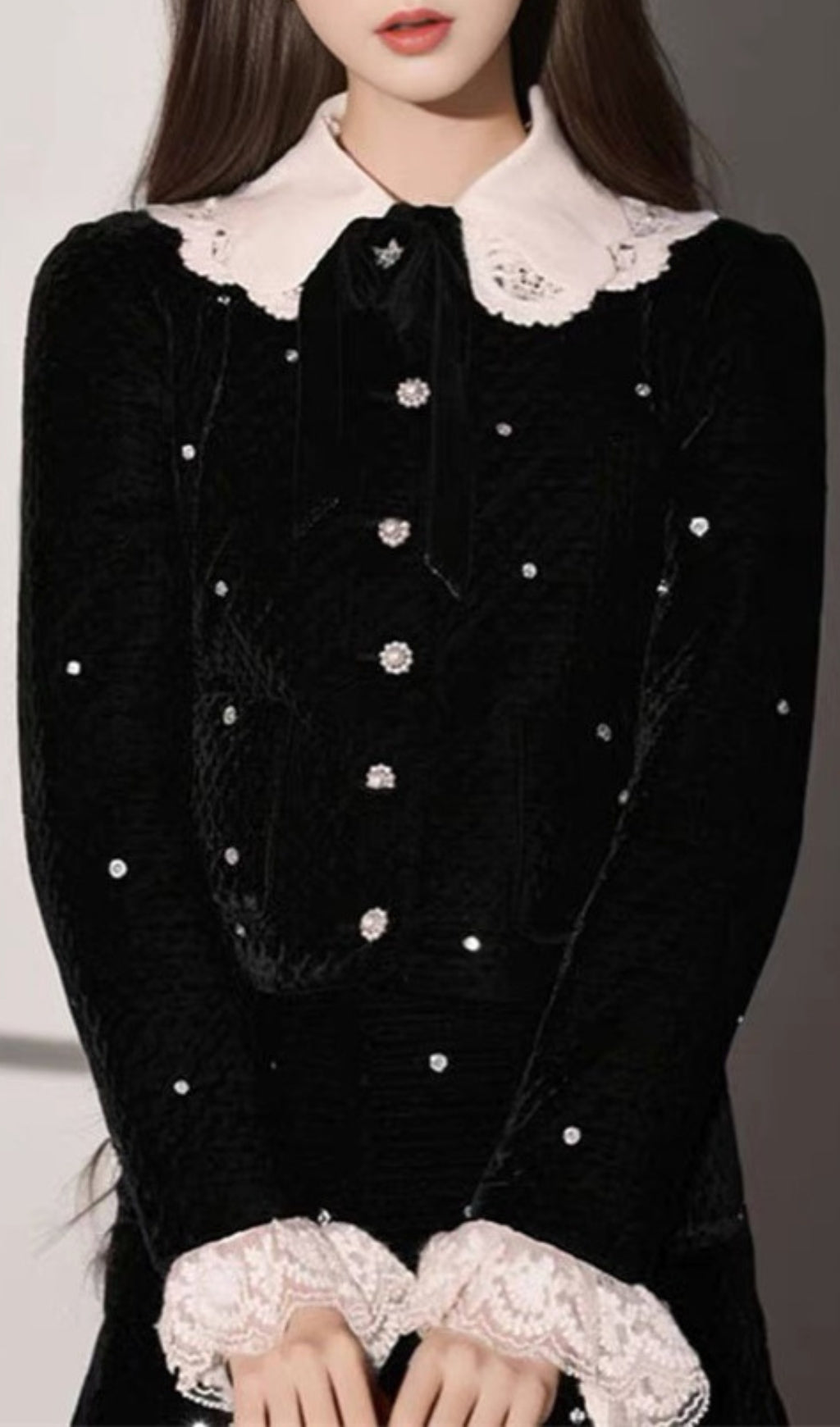 STARRY VELVET RHINESTONE LACE TRUMPET SLEEVE COAT SKIRT SUIT