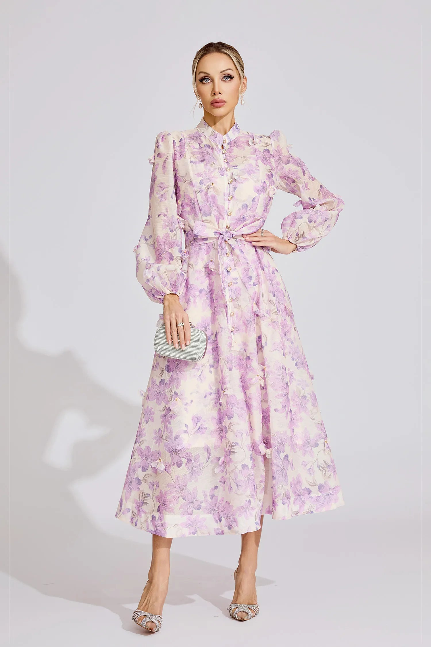 SIMONA FLORAL LANTERN SLEEVE MAXI DRESS PURPLE