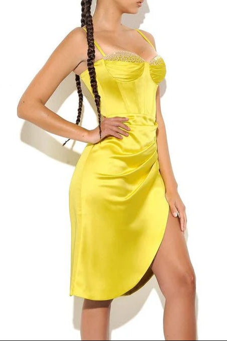 60fc1e44-a840-41bf-83d0-5b8f2101e7d3 LEMON PLEATED SATIN MINI DRESS FOR PARTIES