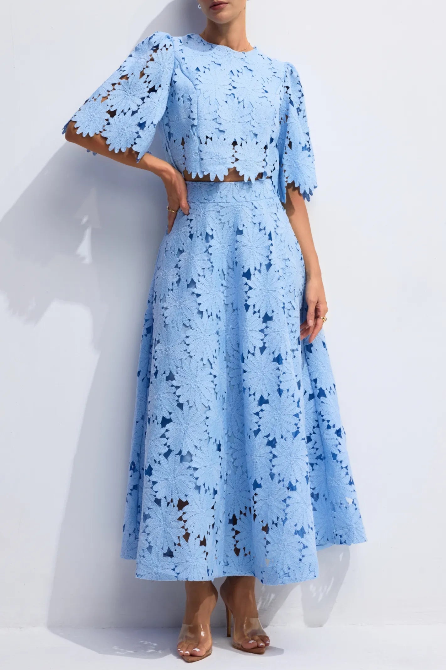 LACE EMBROIDERED BLUE TWO-PIECE SET, MAXI SKIRT, BOHO