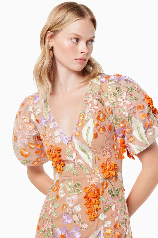 3D FLOWER V-NECK PUFF SLEEVE MIDI DRESS, ORANGE