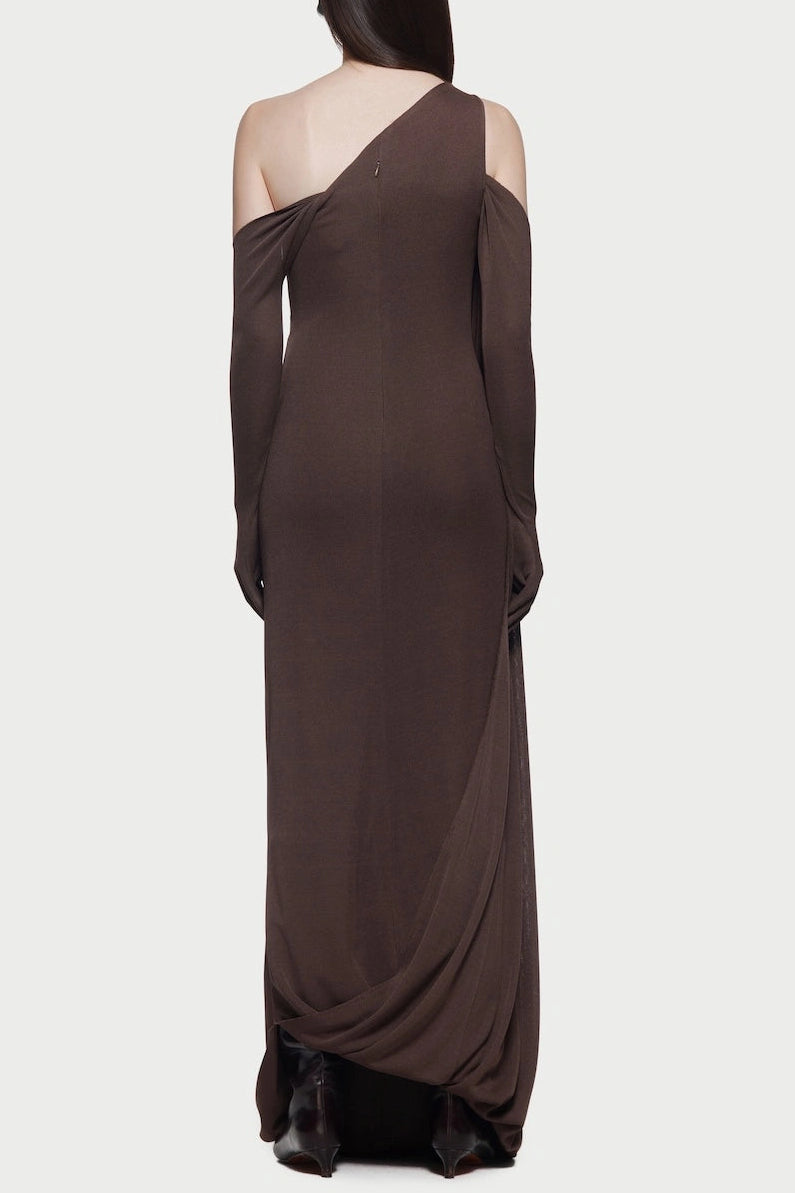 XAVIERA BROWN ONE-SHOULDER BACKLESS PLEATED MAXI DRESS