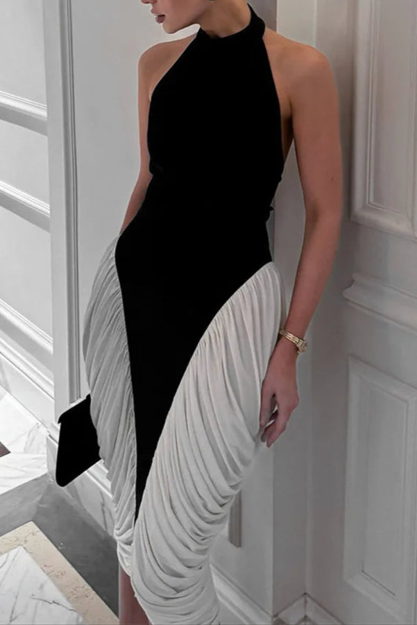 COLORBLOCK PATCHWORK SLEEVELESS PLEATED MIDI DRESS