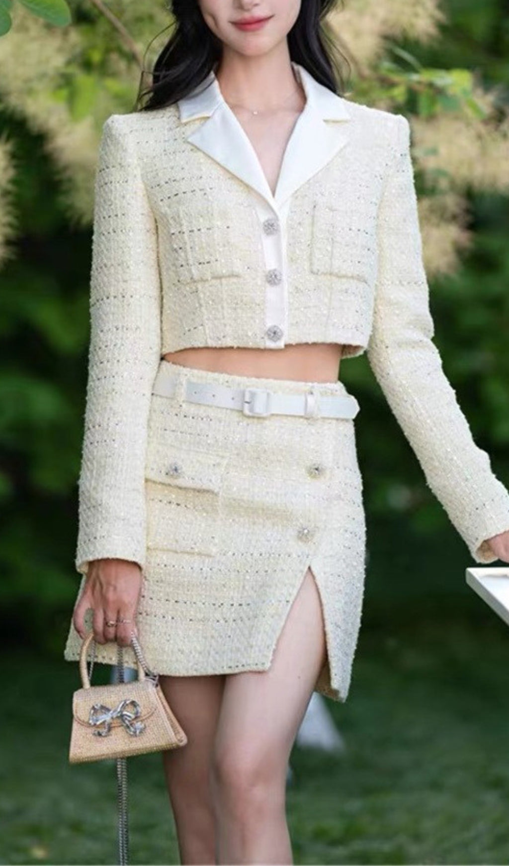 YELLOW TWEED SKIRT SET SHORT COAT & SKIRT