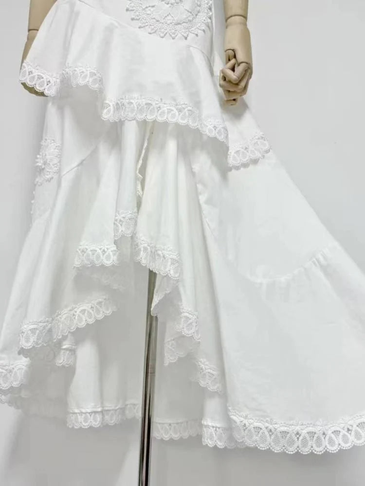 FLORAL EMBROIDERED RUFFLED STRAPLESS MERMAID SKIRT SET - WHITE