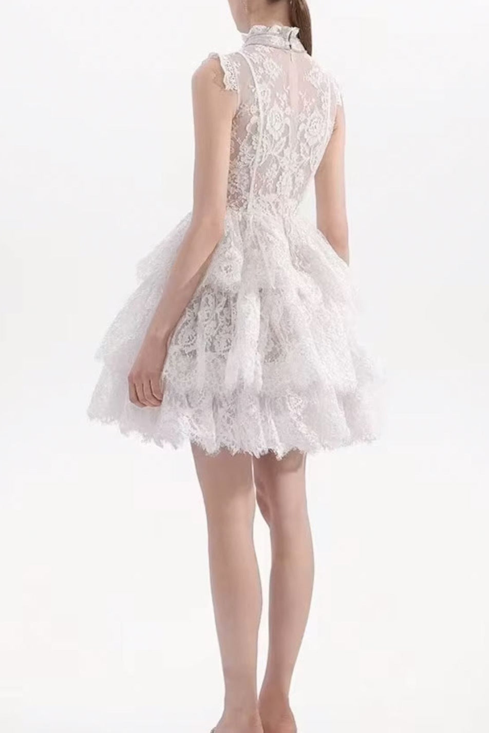 SLEEVELESS STAND COLLAR LACE TUTU MINI DRESS WHITE