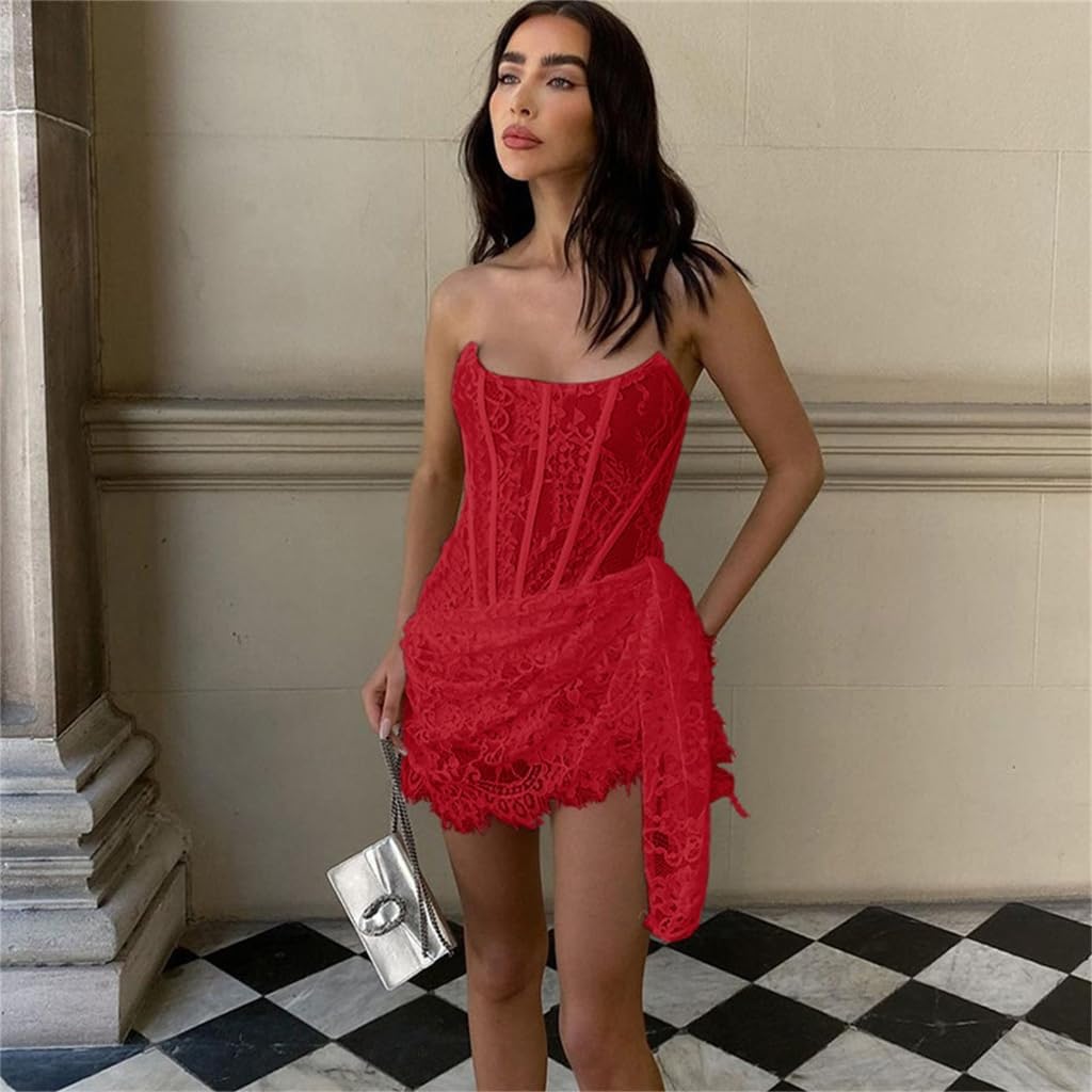 RED STRAPLESS LACE CORSET TUBE MINI DRESS FOR PARTY