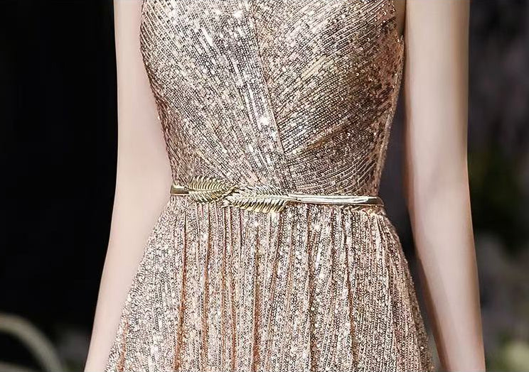 GOLD V-NECK SEQUIN PROM BODYCON DRESS