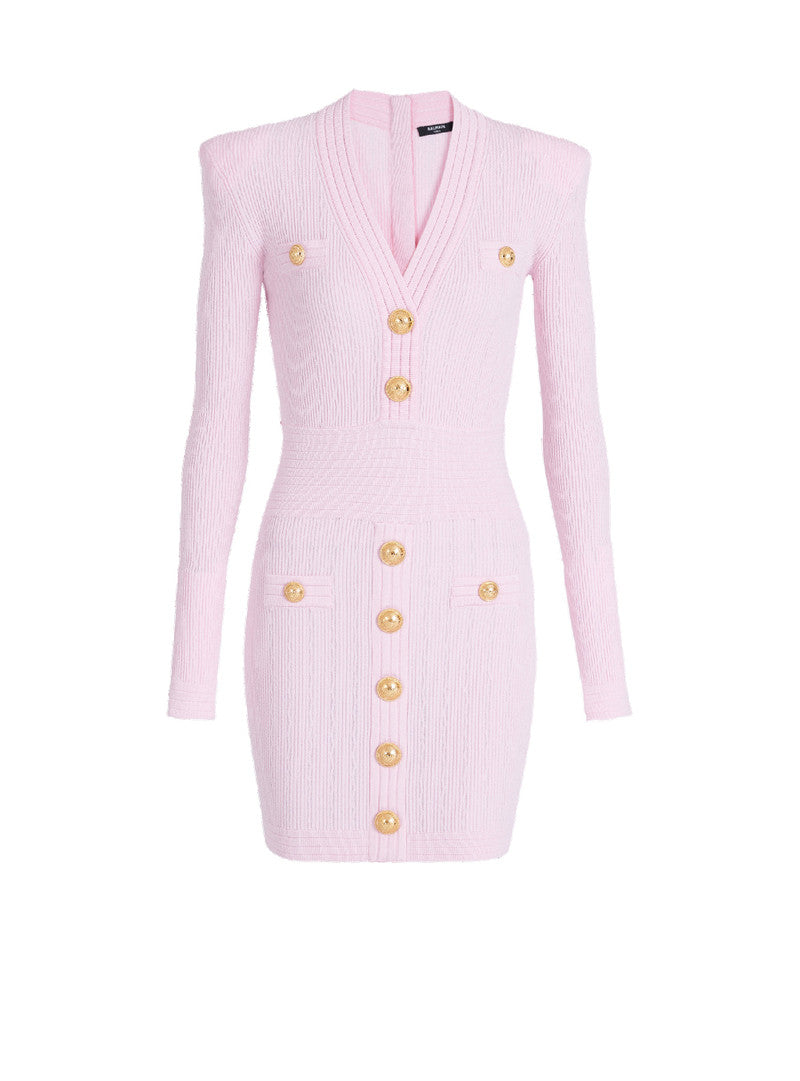 VICKY V-NECK RIBBED MINI DRESS IN PINK