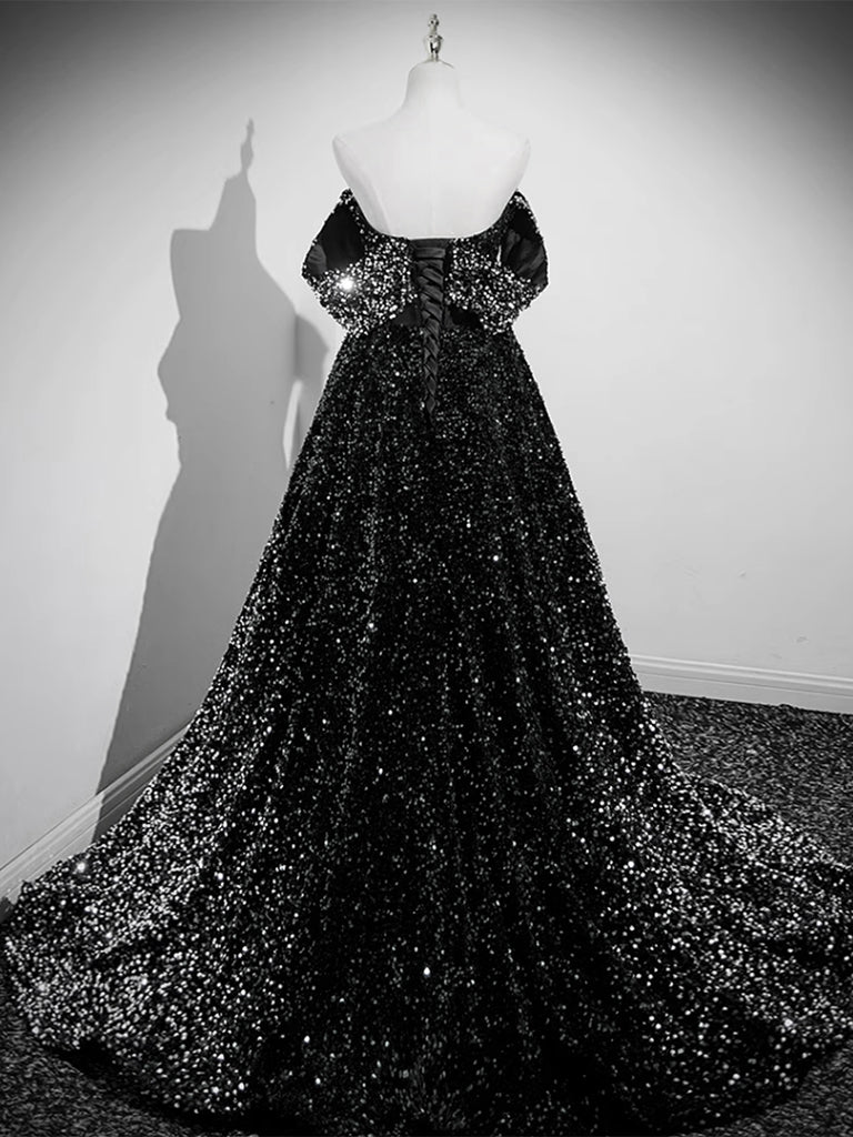 A-LINE BLACK SEQUIN PROM GOWN