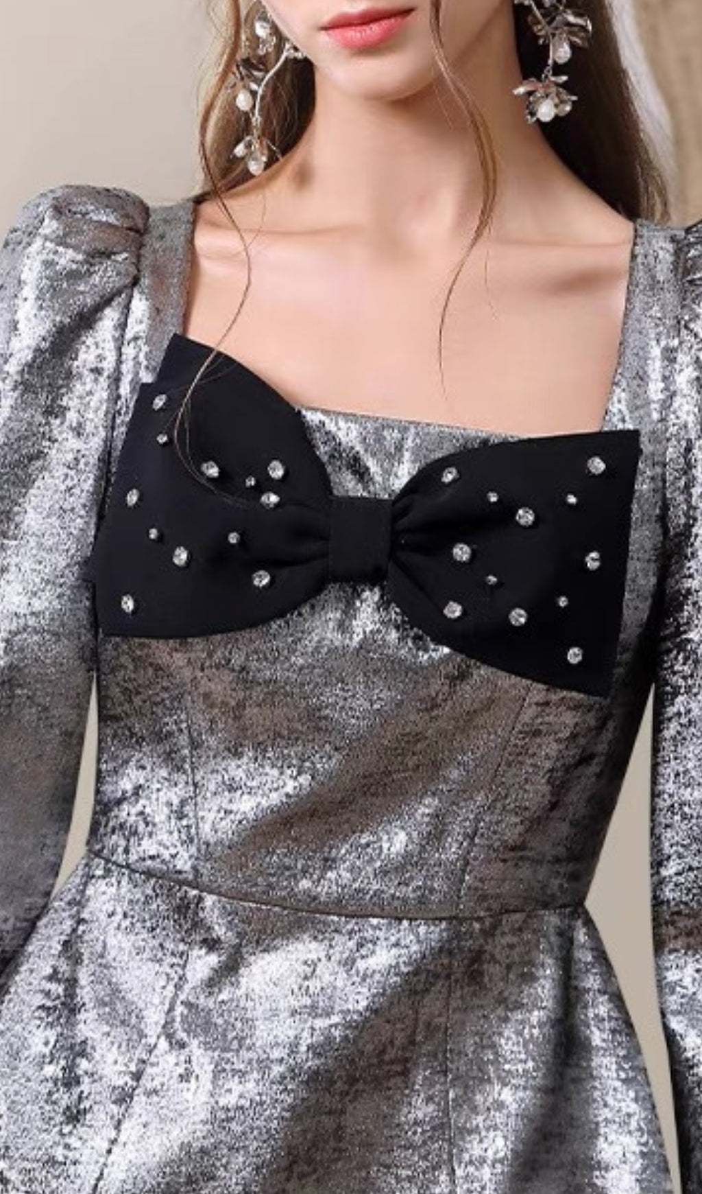 CAMREN SILVER BOW MINI DRESS, LONG SLEEVE