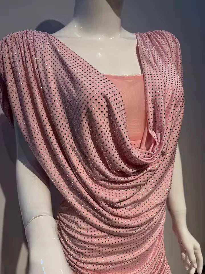 SHINY RHINESTONE PLEATED MINI DRESS PINK