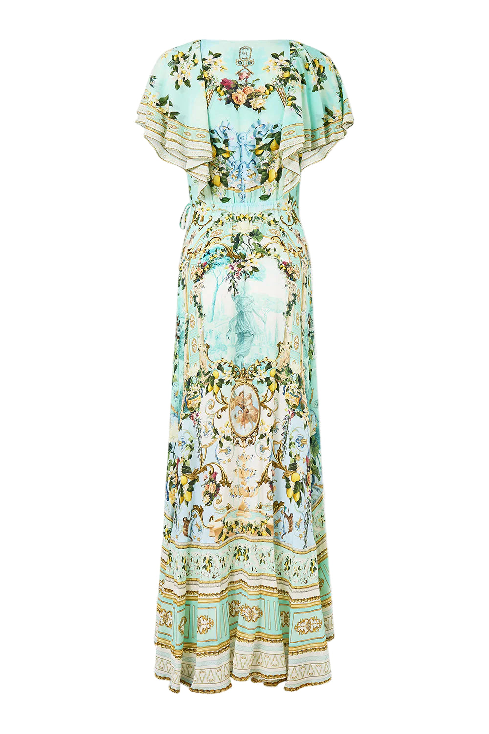 GREEN MULTI PRINTED RUFFLED V-NECK MAXI DRESS
