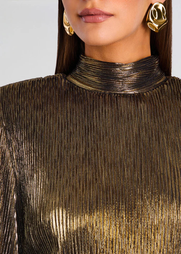 NANCY GOLD LANTERN SLEEVE PLEATED MINI DRESS