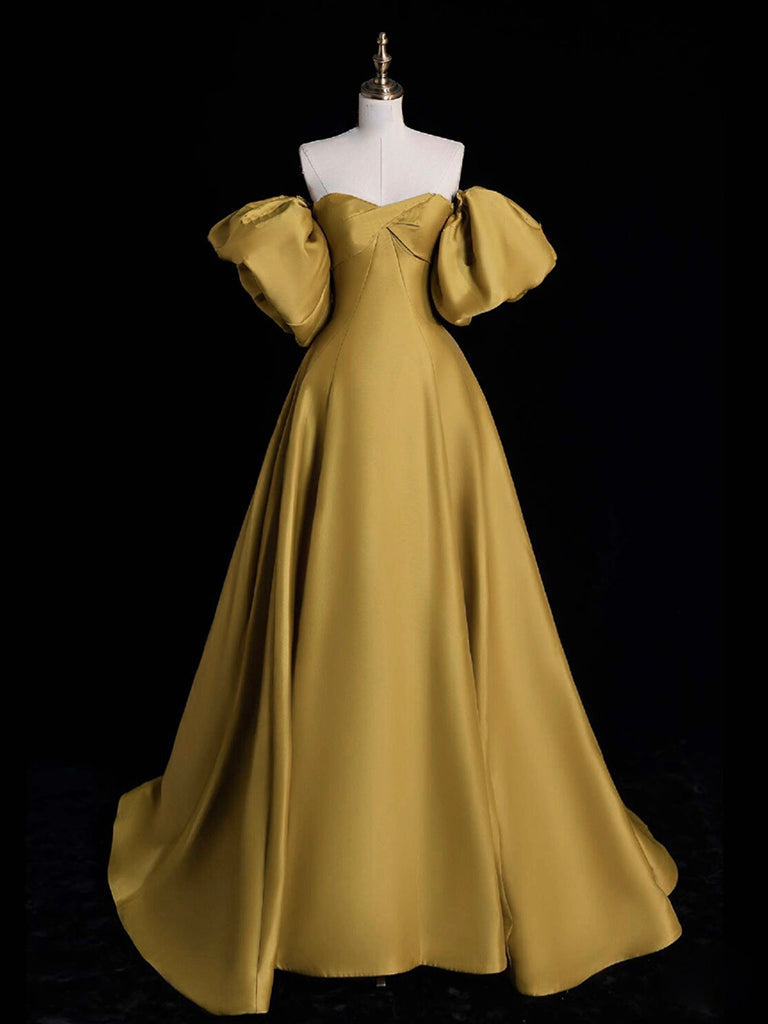 6436 YELLOW A-LINE SATIN MAXI PROM DRESS
