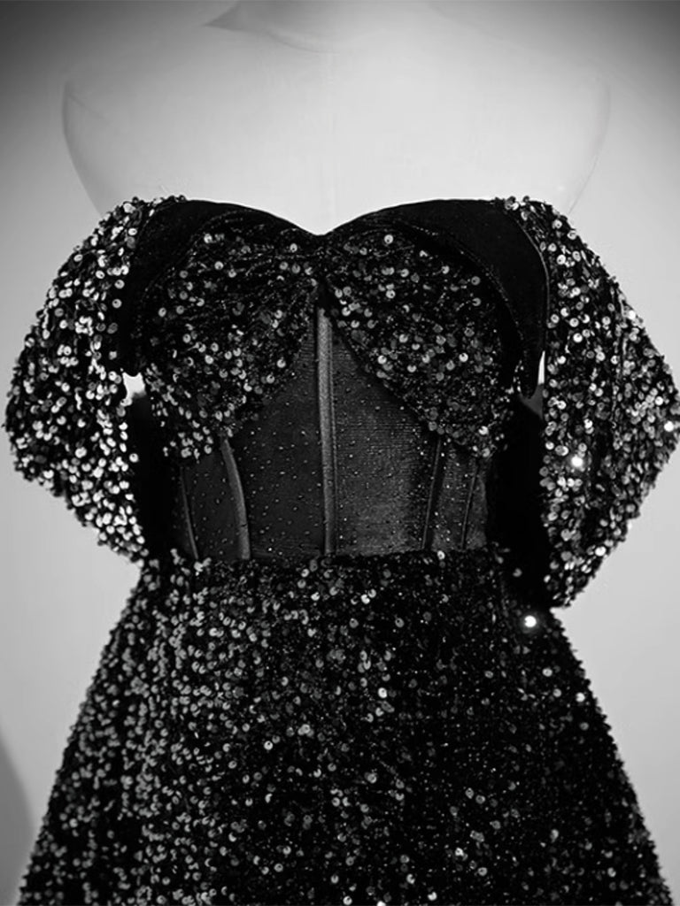 A-LINE BLACK SEQUIN PROM GOWN