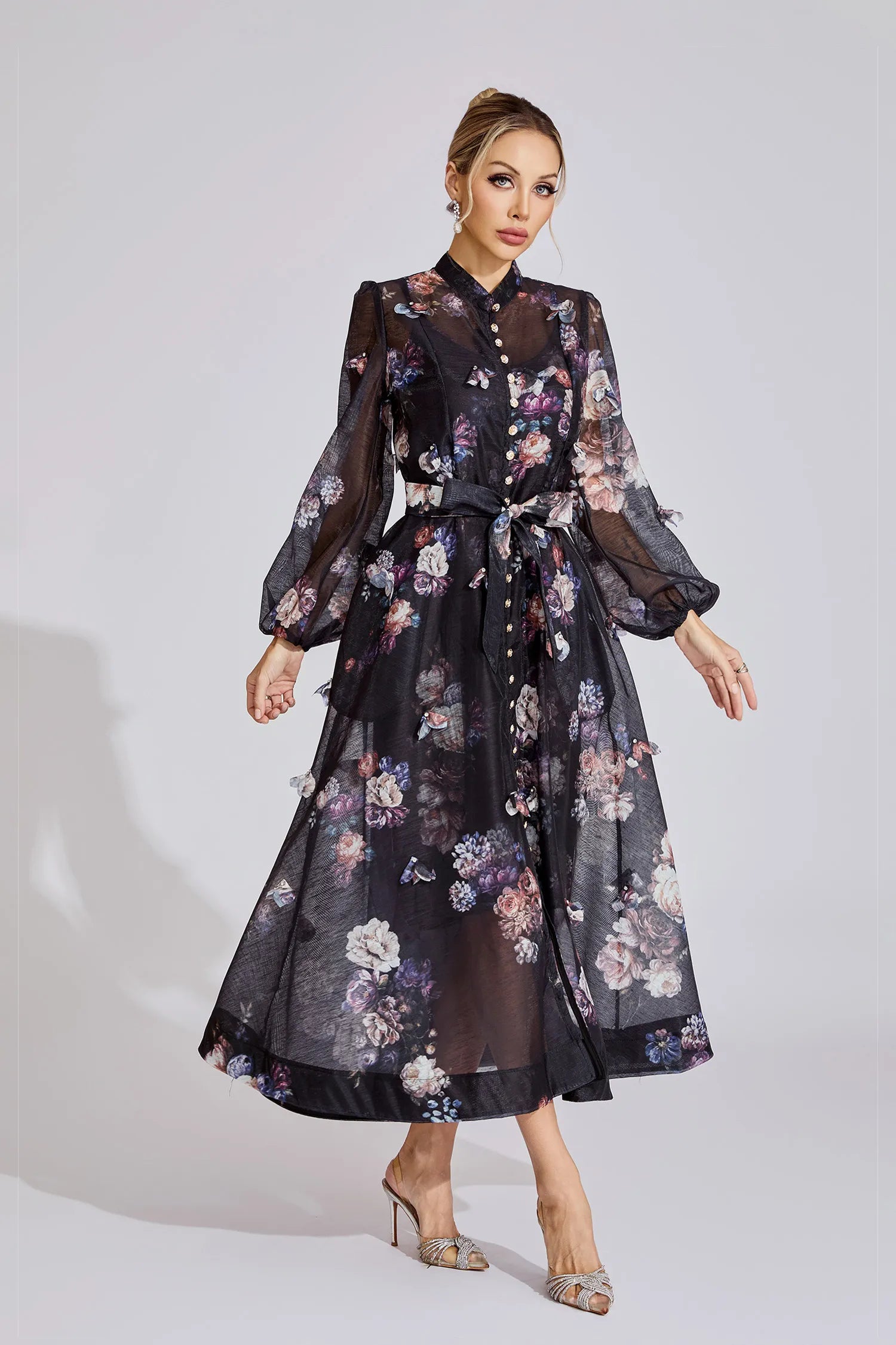TIFFANY BLACK FLORAL PUFF SLEEVE MAXI DRESS