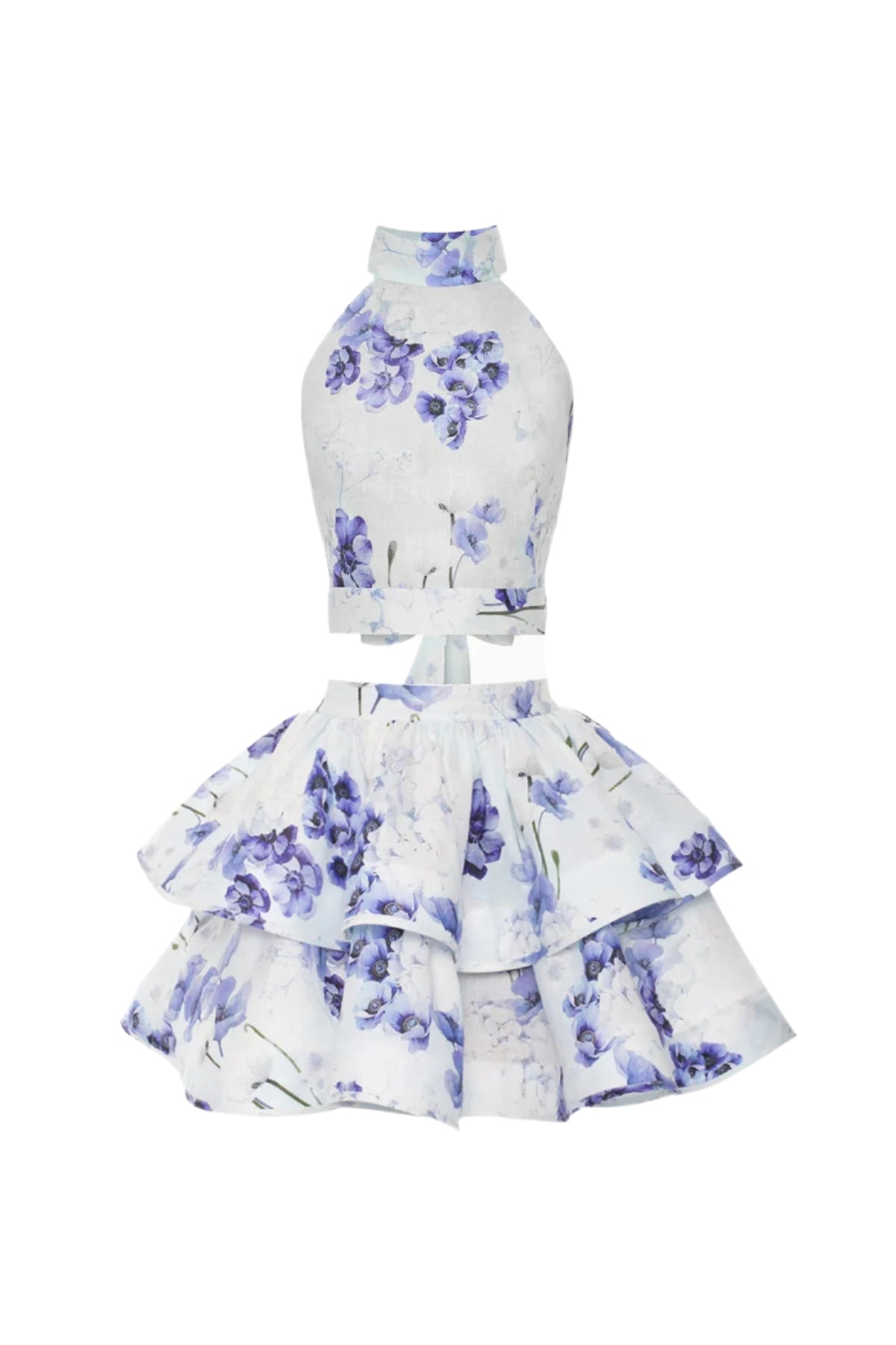 BLUE PRINTED BACKLESS HALTER TOP SKIRT SET