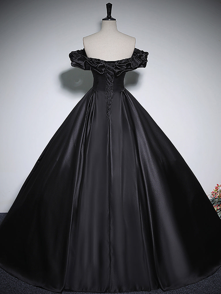BLACK A-LINE OFF-SHOULDER SATIN PROM DRESS