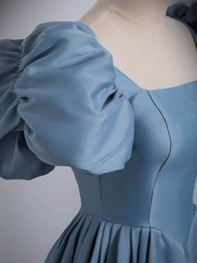 A-LINE SATIN BLUE LONG PROM GOWN
