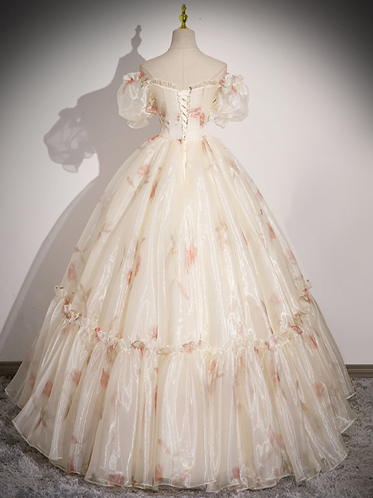 CHAMPAGNE TULLE V-NECK PROM DRESS