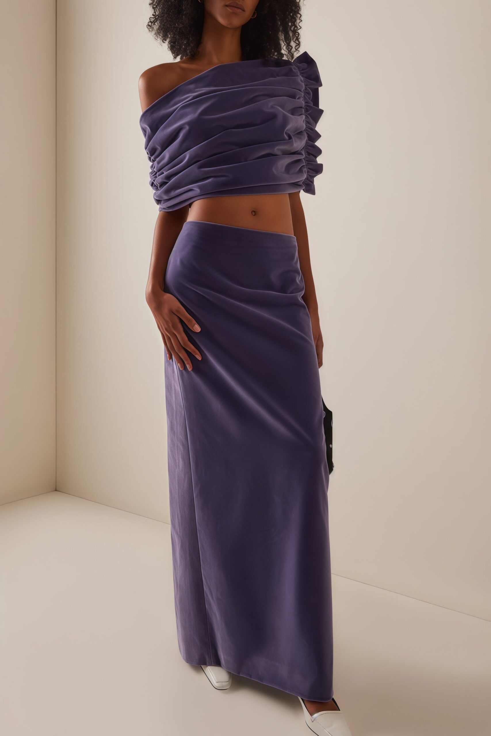 PURPLE VELVET ASYMMETRICAL CROPPED TWO-PIECE SET
