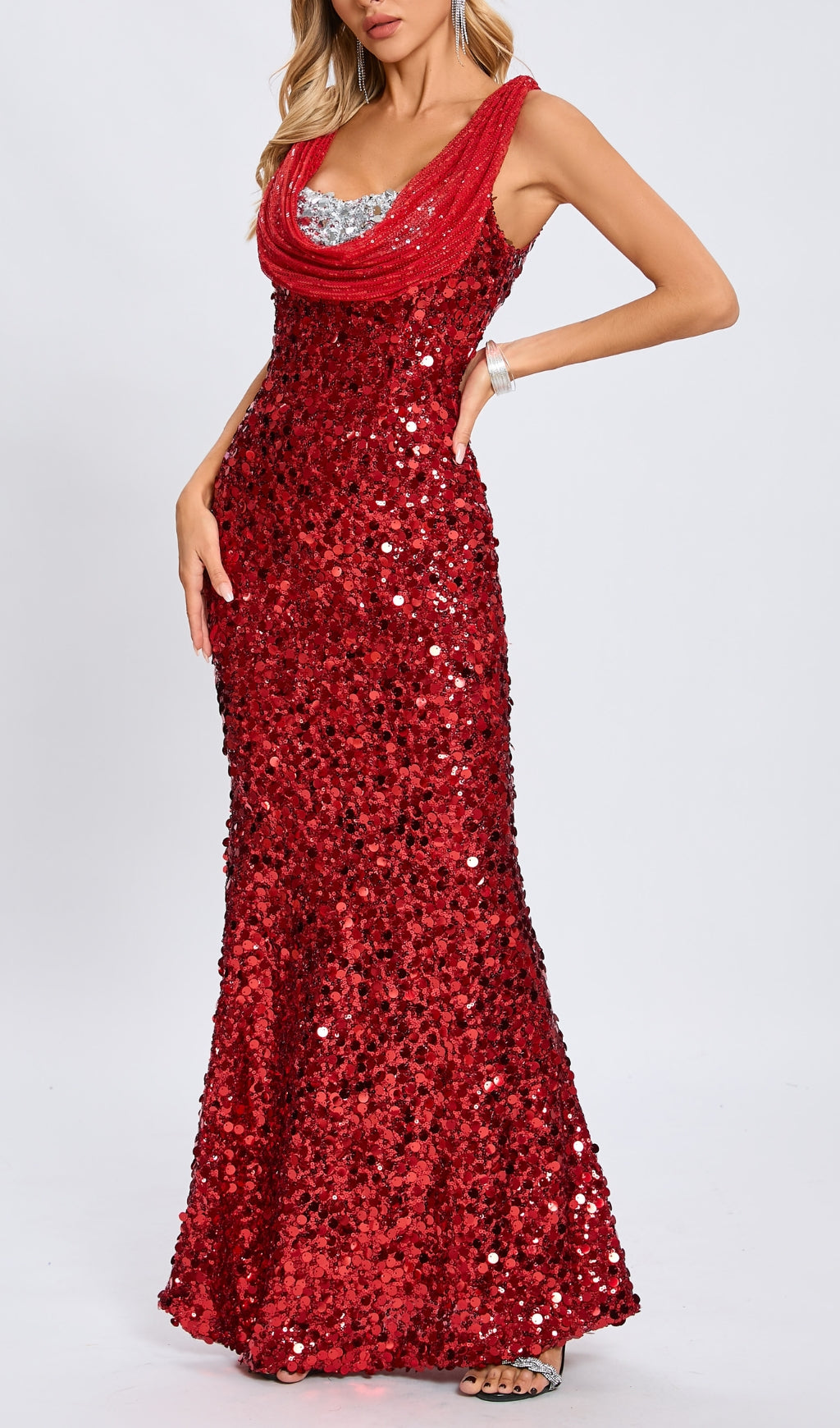 SEQUIN RED MAXI DRESS, SLEEVELESS EVENING GOWN