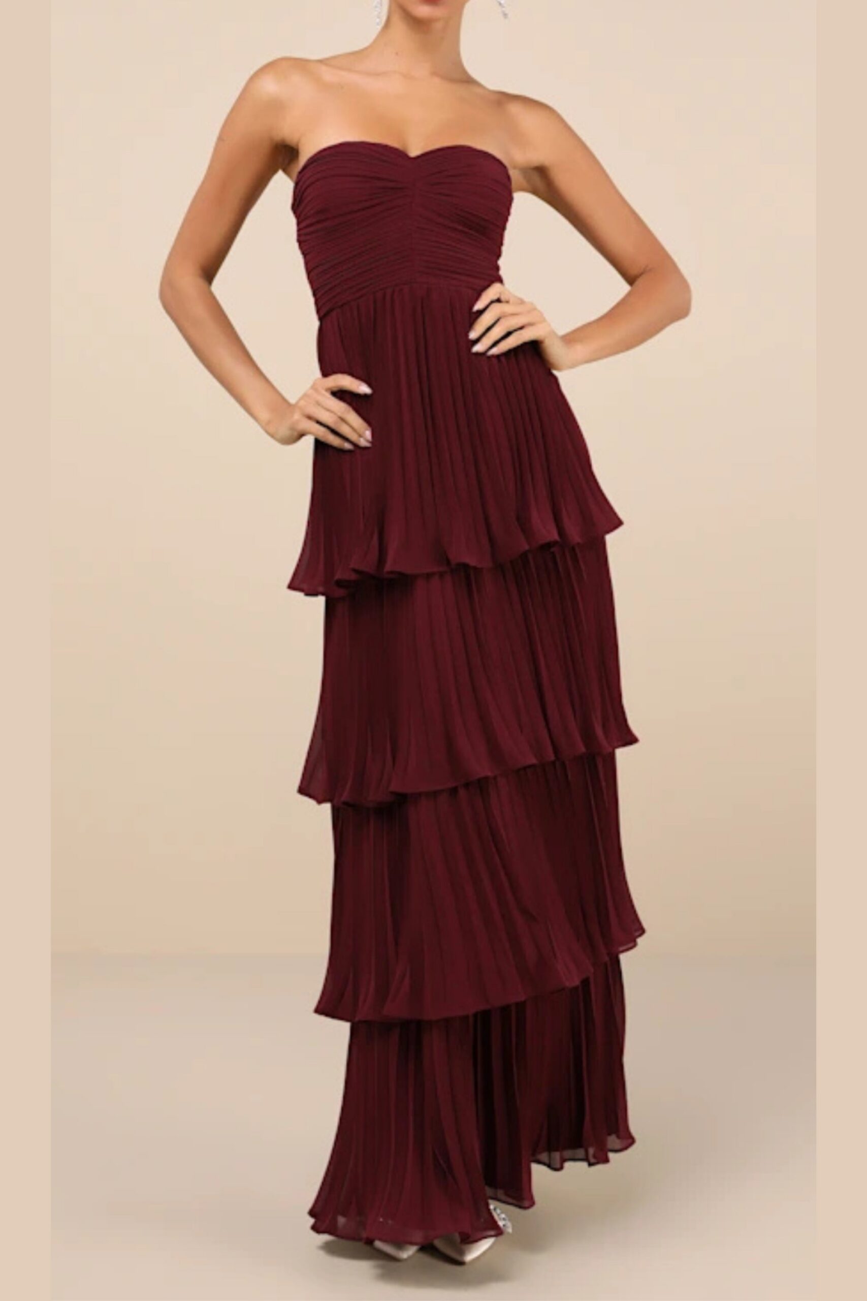 PLUM PURPLE STRAPLESS TIERED MAXI DRESS