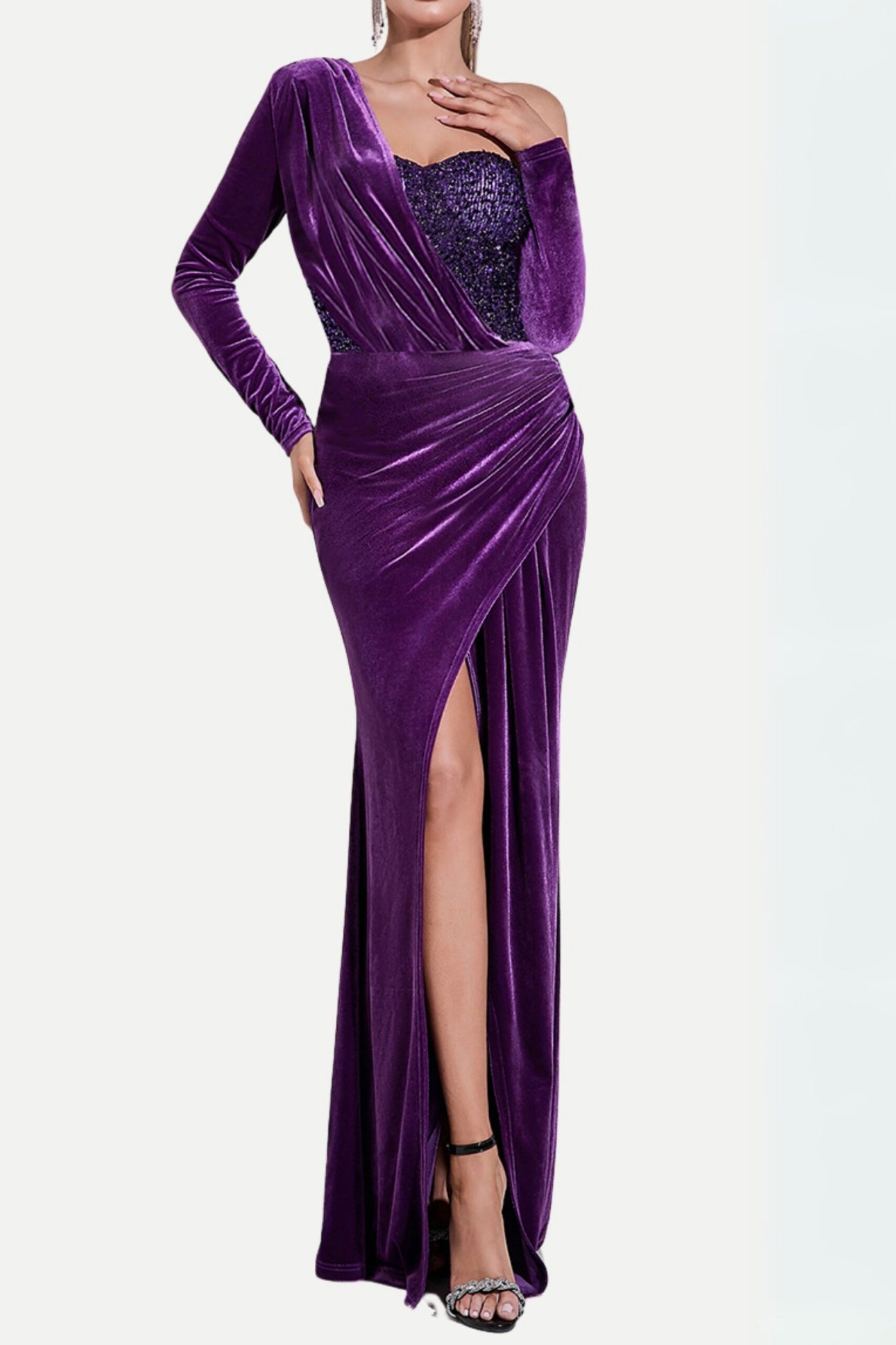 64_8d5ba340-80c7-4da3-973f-9862a66a0661 ONE SHOULDER VELVET SEQUIN MAXI DRESS FOR PARTY