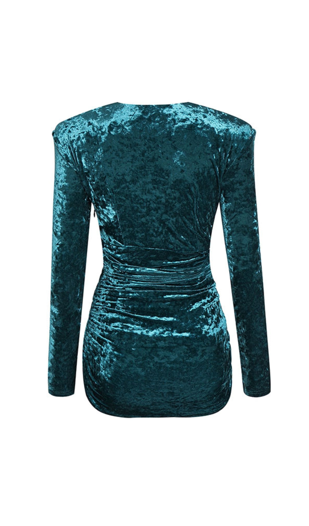 GREEN VELVET RUCHED V-NECK MINI DRESS
