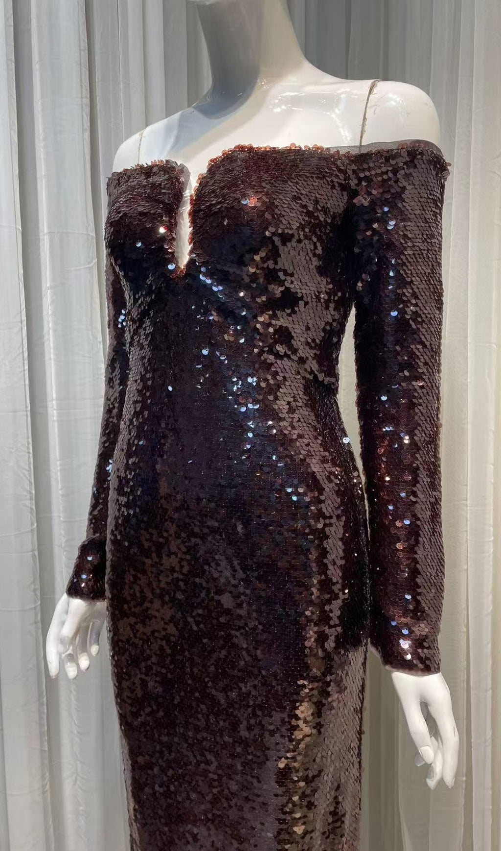 LONG SLEEVE SEQUIN MAXI DRESS BROWN FORMAL