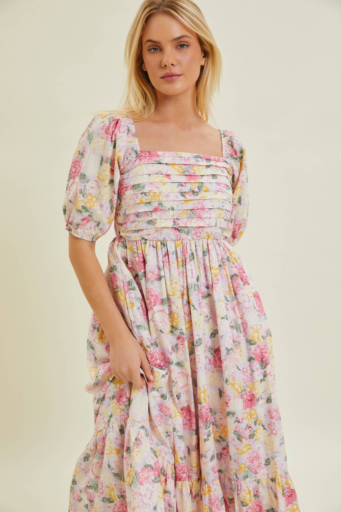PLEATED BODICE FLORAL MIDI DRESS FOR WEDDING