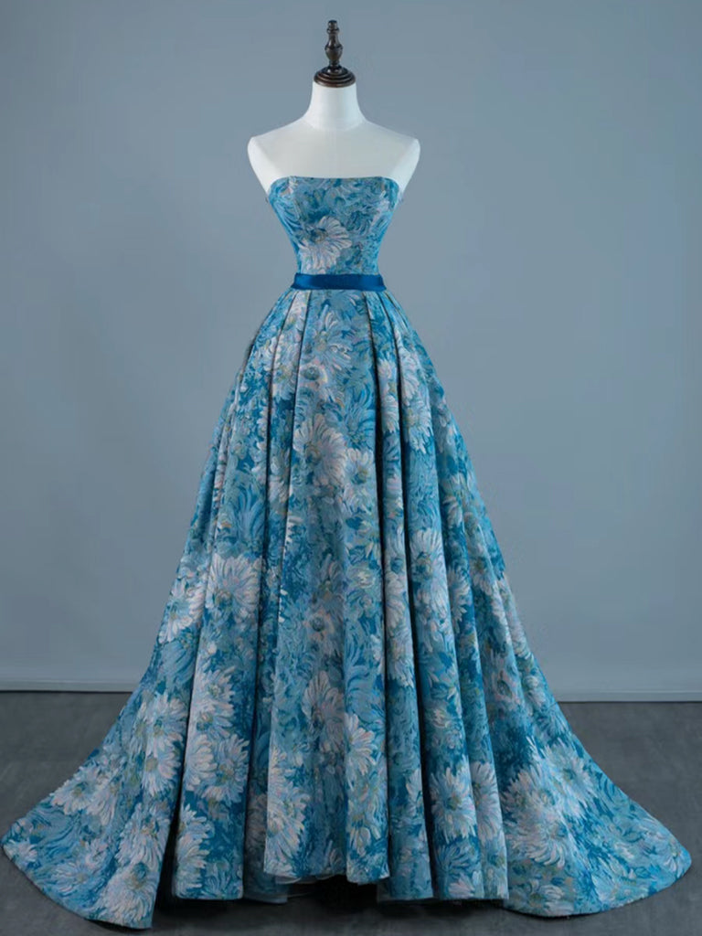 A-LINE BLUE SATIN LONG PROM DRESS