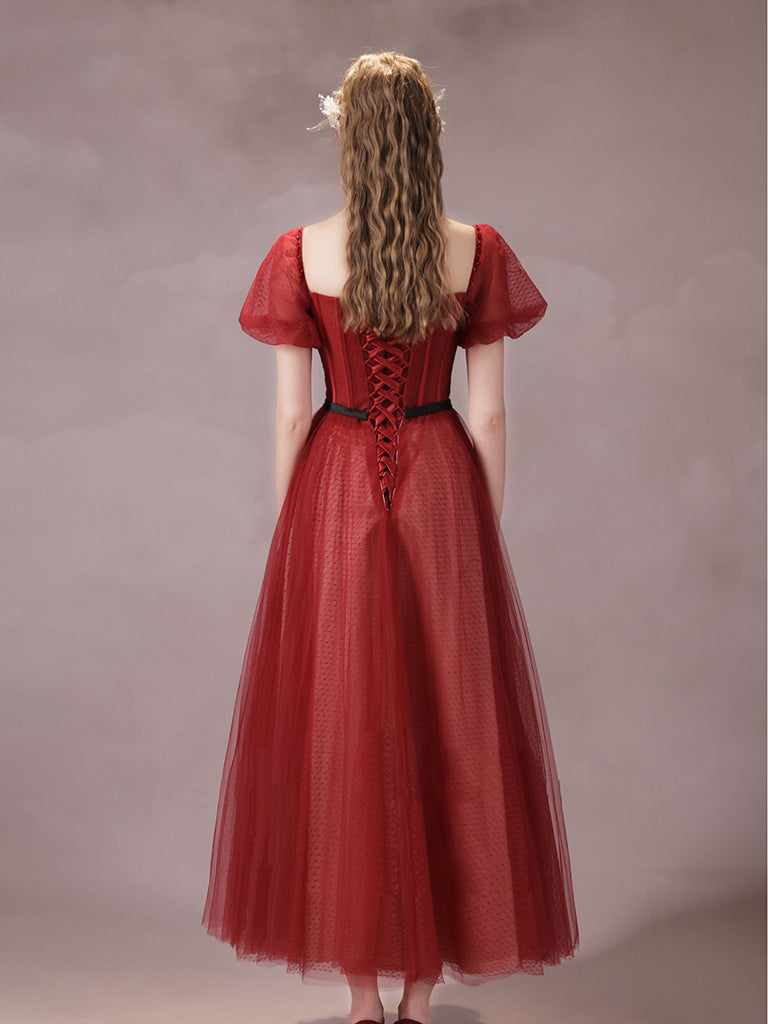 A-LINE BURGUNDY TULLE TEA PARTY DRESS