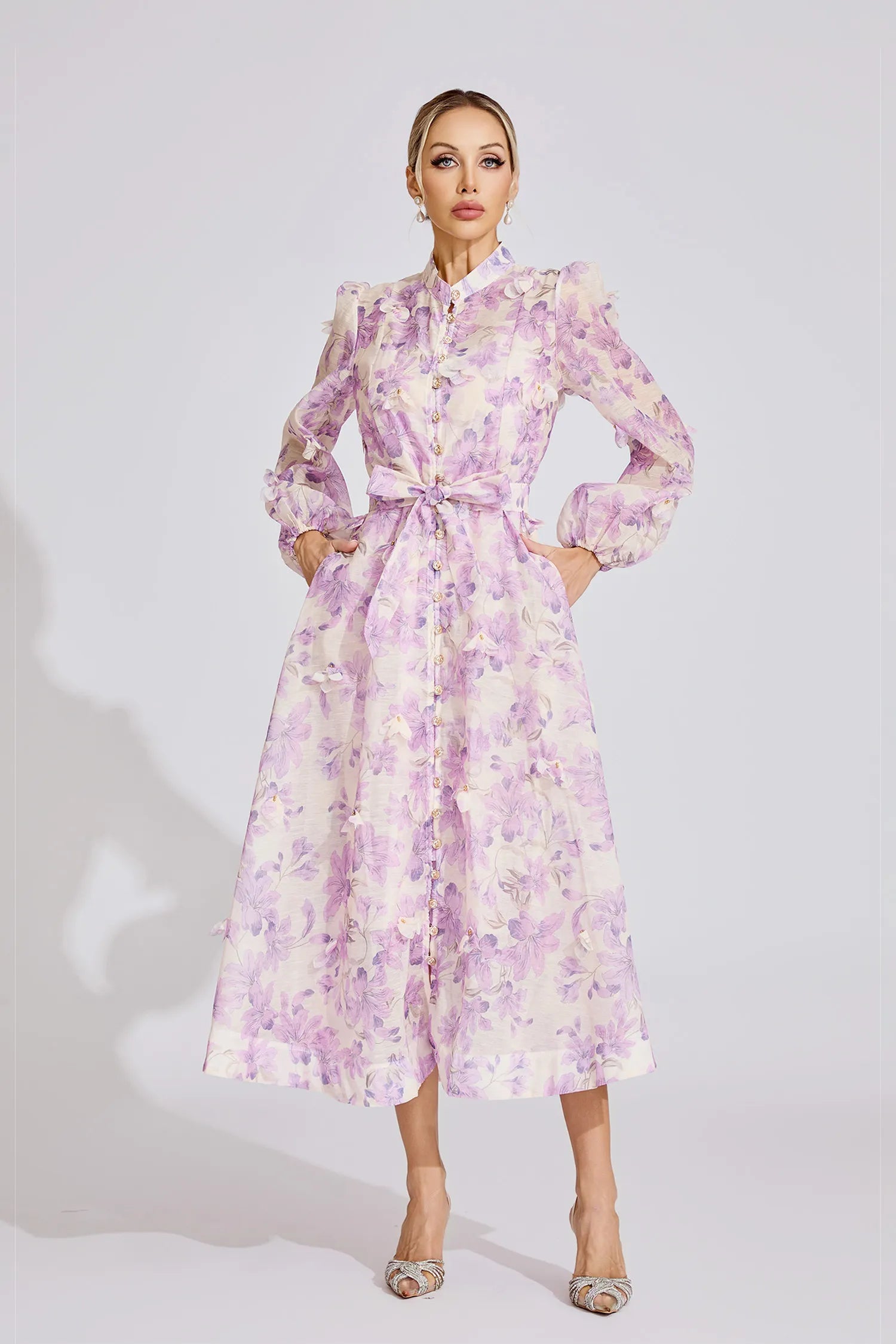 SIMONA FLORAL LANTERN SLEEVE MAXI DRESS PURPLE